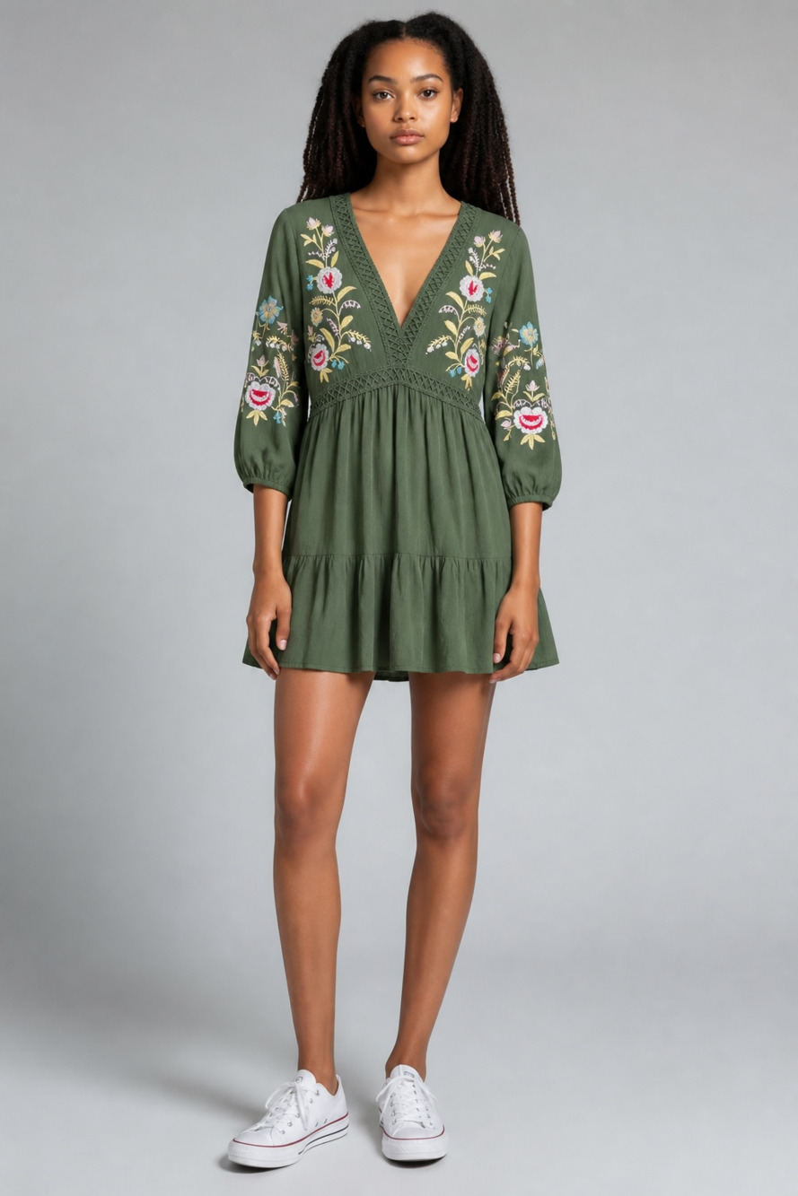 Audrey Parks for Francesca's Olive Green Floral Embroidered Tiered Mini Dress